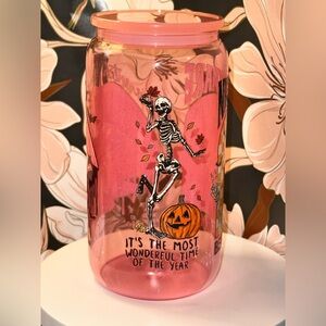 Pink 'Nightmare Before Coffee' Skeleton glass cup